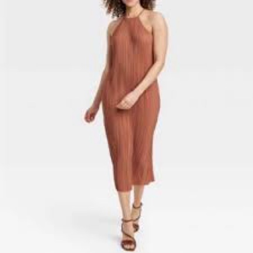 Flowy Rust Orange Pleated Dress - Picture 1 of 5